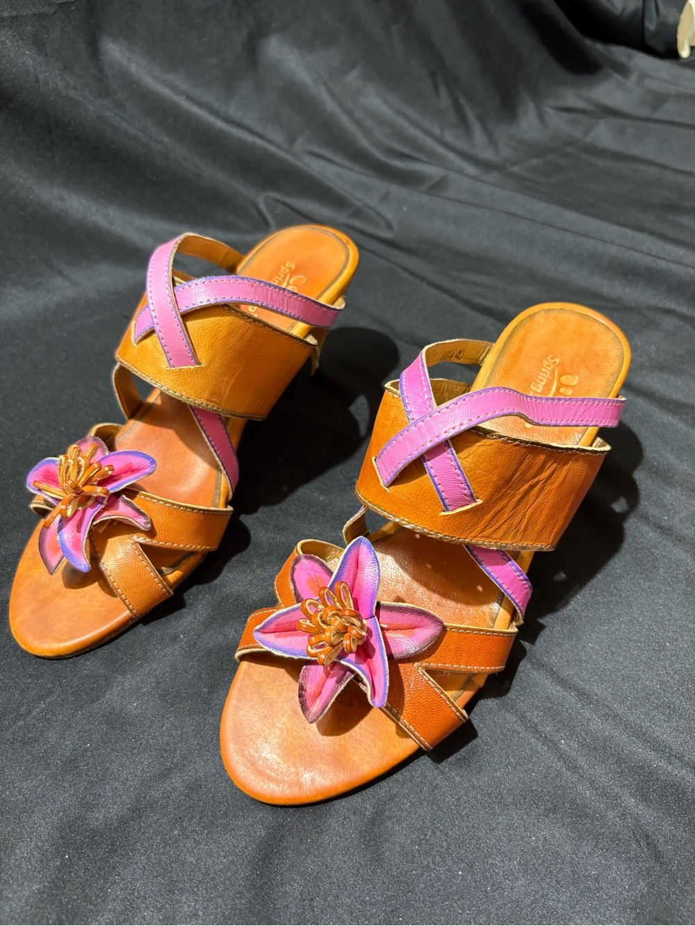 Spring Step Brown Leather Slide Mules with Pink Floral Appliqués